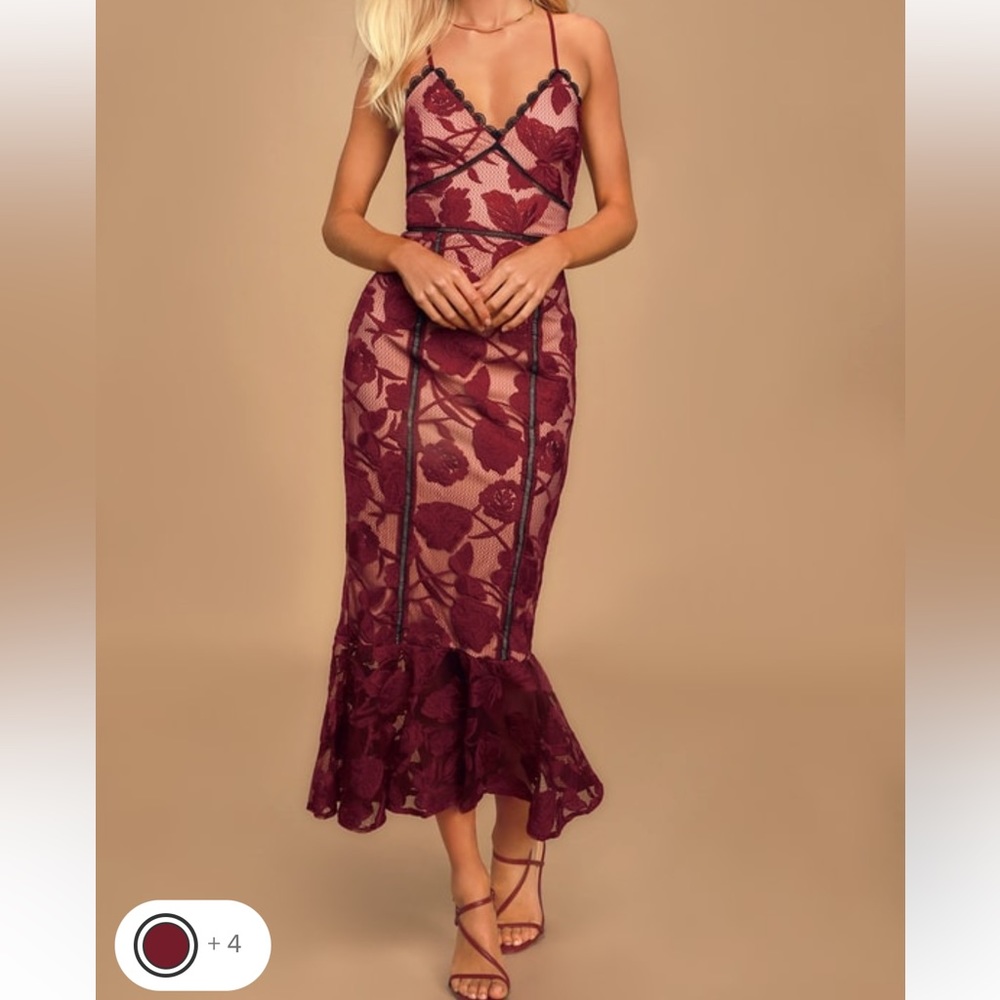 Alluring Dream Burgundy Floral Mesh Lace Trumpet Midi Dress